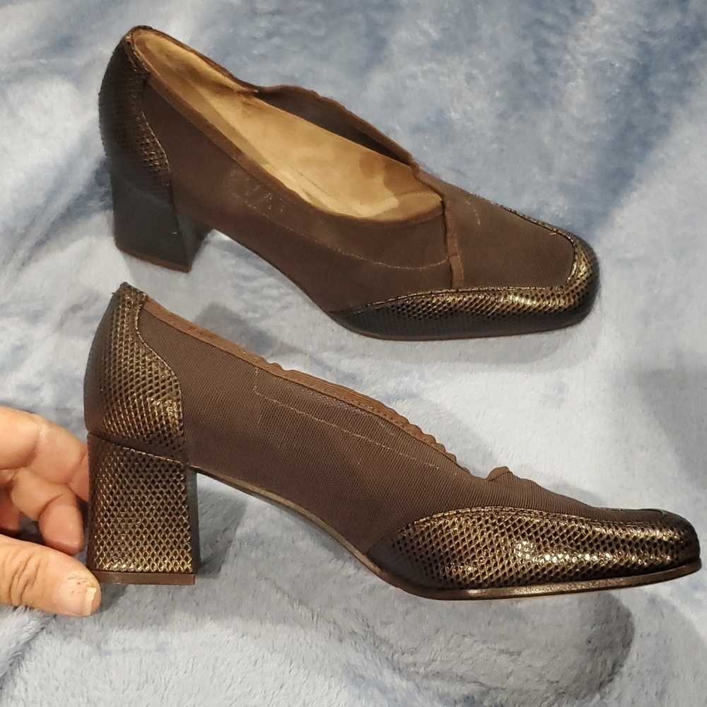 Prevata 2 inch chunky heel faux snakeskin chocolate brown shoes